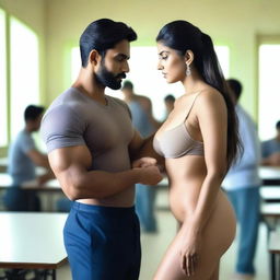 A scene in a classroom where an attractive Indian woman, who appears to be a teacher, is dressed in a cleavage-revealing dress and has a fit physique