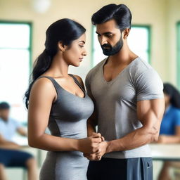 A scene in a classroom where an attractive Indian woman, who appears to be a teacher, is dressed in a cleavage-revealing dress and has a fit physique