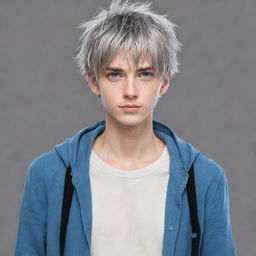 Anime style tall young man with straight, short, gray, messy hair, blue eyes and a casual clothing style