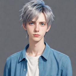 Anime style tall young man with straight, short, gray, messy hair, blue eyes and a casual clothing style