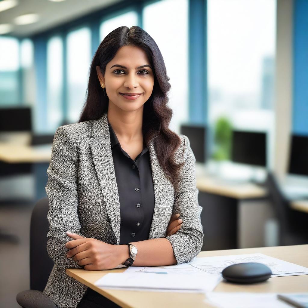 A professional Indian woman working in a tech company, dressed in a stylish and modern outfit