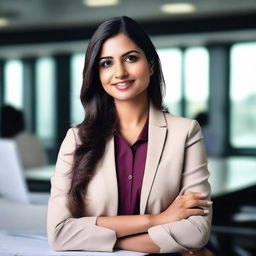 A professional Indian woman working in a tech company, dressed in a stylish and modern outfit