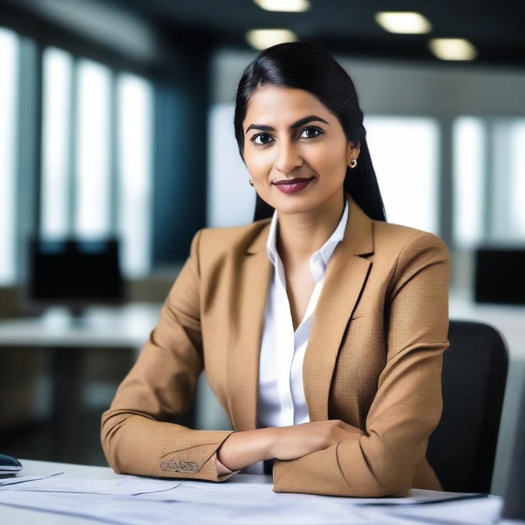 A professional Indian woman working in a tech company, dressed in a stylish and modern outfit