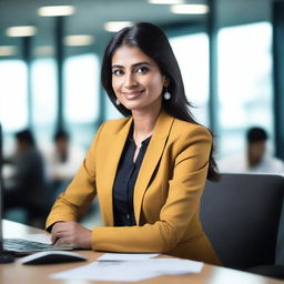 A professional Indian woman working in a tech company, dressed in a stylish and modern outfit