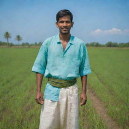 A realistic portrait of a Bangladesh man wearing a traditional Lungi and Punjabi, standing amidst the green paddy fields under a clear blue sky.