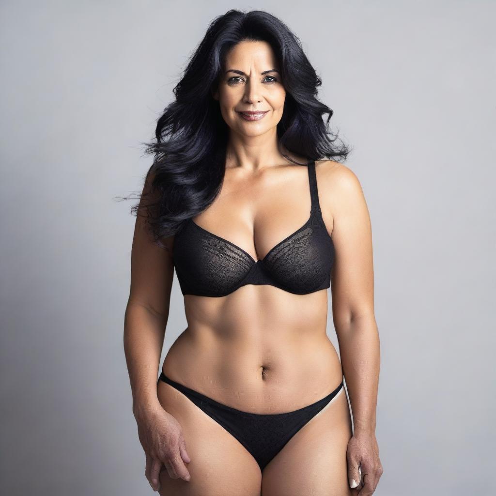 A mature woman with black hair, a normal body type that is not athletic, with big breasts and a big butt