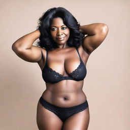 A mature woman with black hair and black skin, a normal body type that is not athletic, with big breasts and a big butt