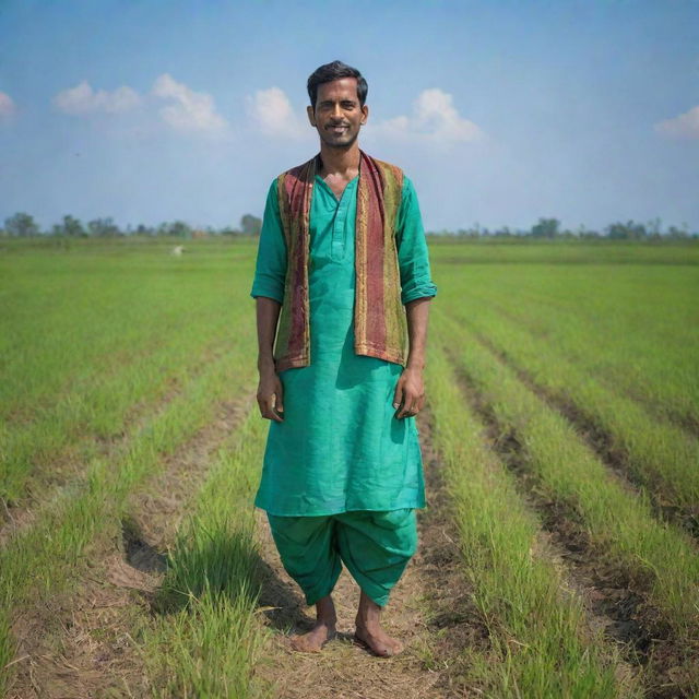 A realistic portrait of a Bangladesh man wearing a traditional Lungi and Punjabi, standing amidst the green paddy fields under a clear blue sky.