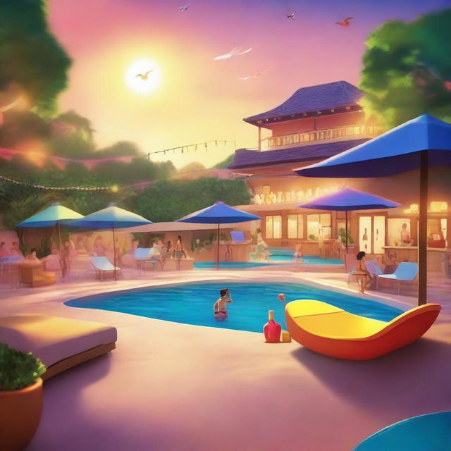 Create a magical and sophisticated poster for Disney Pixar's 'Bikini Bar,' an animated film for adults