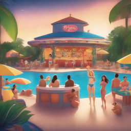 Create a magical and sophisticated poster for Disney Pixar's 'Bikini Bar,' an animated film for adults