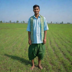 A realistic portrait of a Bangladesh man wearing a traditional Lungi and Punjabi, standing amidst the green paddy fields under a clear blue sky.