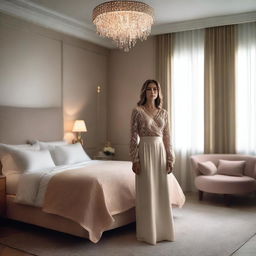 A stylish and elegant bedroom setting with a woman standing confidently in front of her bed