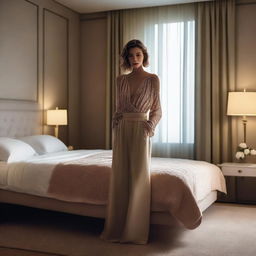 A stylish and elegant bedroom setting with a woman standing confidently in front of her bed