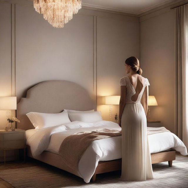 A stylish and elegant bedroom setting with a woman standing confidently in front of her bed