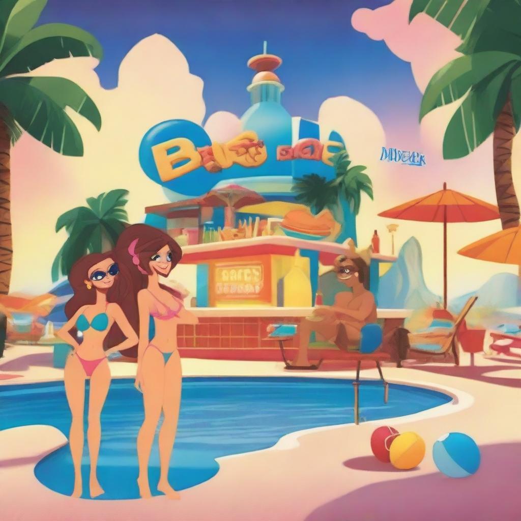 Create a magical and sophisticated poster for Disney Pixar's 'Bikini Bar,' an animated film for adults