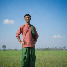 A realistic portrait of a Bangladesh man wearing a traditional Lungi and Punjabi, standing amidst the green paddy fields under a clear blue sky.