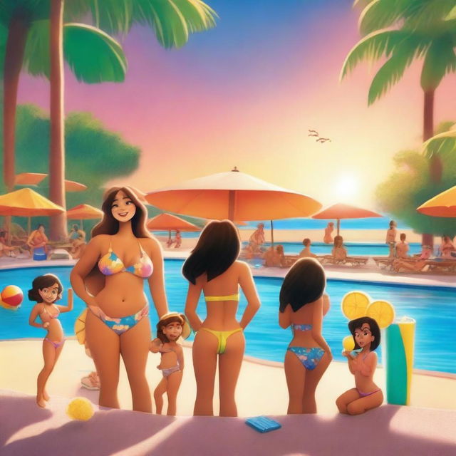 Create a magical and sophisticated poster for Disney Pixar's 'Bikini Bar,' an animated film for adults