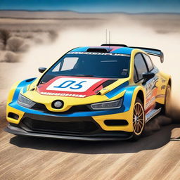 A retro supercar equipped with rally suspension and Michelin rally tires, featuring a vibrant WRC paint job