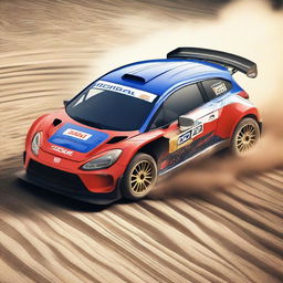 A retro supercar equipped with rally suspension and Michelin rally tires, featuring a vibrant WRC paint job