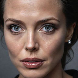 A realistic, striking portrait of Angelina Jolie showcasing her sharp features, expressive eyes and impactful presence.