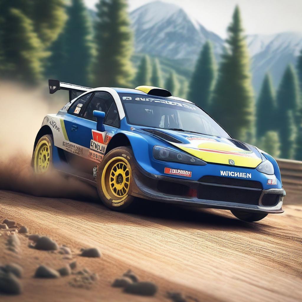 A retro supercar equipped with rally suspension and Michelin rally tires, featuring a vibrant WRC paint job