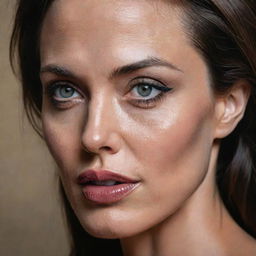 A realistic, striking portrait of Angelina Jolie showcasing her sharp features, expressive eyes and impactful presence.