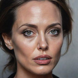 A realistic, striking portrait of Angelina Jolie showcasing her sharp features, expressive eyes and impactful presence.