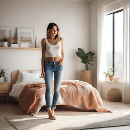 A stylish and modern bedroom setting with a woman standing confidently in front of her bed