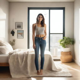 A stylish and modern bedroom setting with a woman standing confidently in front of her bed