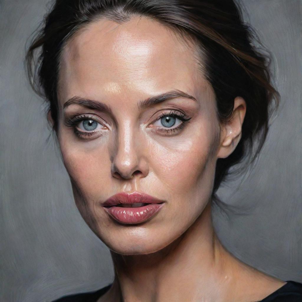 A realistic, striking portrait of Angelina Jolie showcasing her sharp features, expressive eyes and impactful presence.