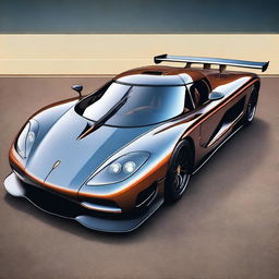 Create a detailed image of a retro Koenigsegg hypercar featuring an F1 front splitter and a rear wing