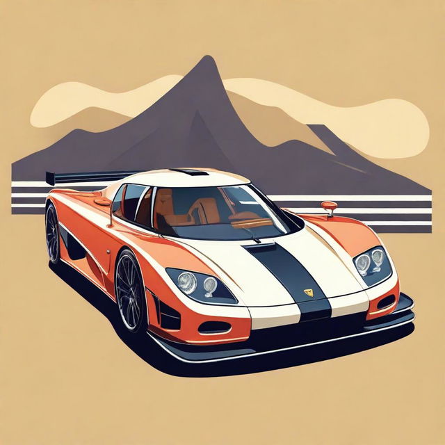 Create a detailed image of a retro Koenigsegg hypercar featuring an F1 front splitter and a rear wing