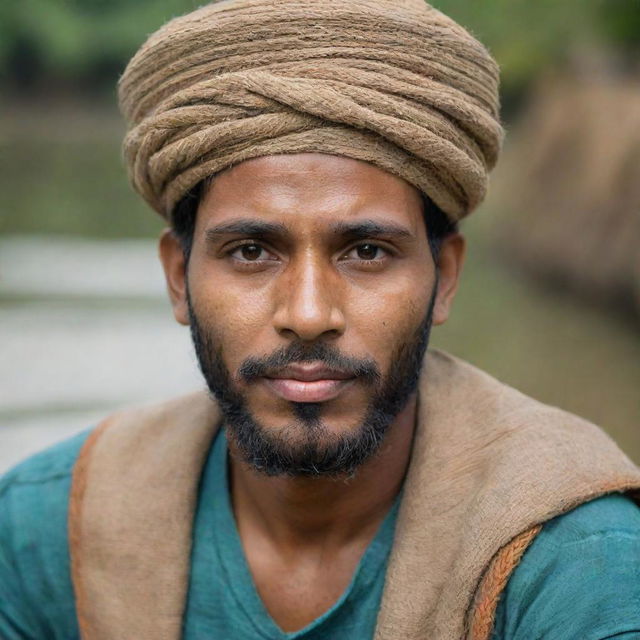 Enhance the portrait of the Bangladeshi man, intensifying cultural elements. Make him wear a boat-shaped cap, add intricate designs on his Punjabi and include iconic Bangladeshi elements like jute and the Bengal Tiger in the background.