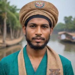 Enhance the portrait of the Bangladeshi man, intensifying cultural elements. Make him wear a boat-shaped cap, add intricate designs on his Punjabi and include iconic Bangladeshi elements like jute and the Bengal Tiger in the background.