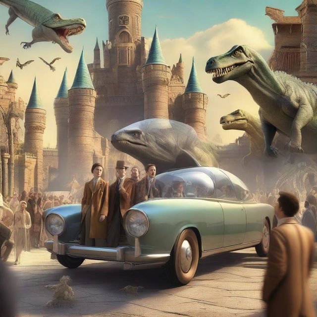 A futuristic scene depicting a group of people traveling through time in a sleek, high-tech time machine