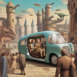 A futuristic scene depicting a group of people traveling through time in a sleek, high-tech time machine