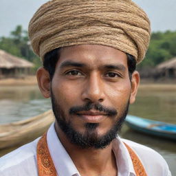 Enhance the portrait of the Bangladeshi man, intensifying cultural elements. Make him wear a boat-shaped cap, add intricate designs on his Punjabi and include iconic Bangladeshi elements like jute and the Bengal Tiger in the background.