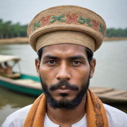 Enhance the portrait of the Bangladeshi man, intensifying cultural elements. Make him wear a boat-shaped cap, add intricate designs on his Punjabi and include iconic Bangladeshi elements like jute and the Bengal Tiger in the background.