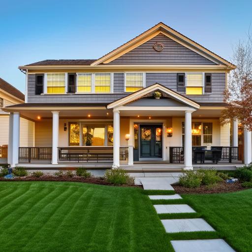 Beautiful suburban house bathed in the warm glow of the setting sun, with perfectly manicured front lawn and a cozy front porch.