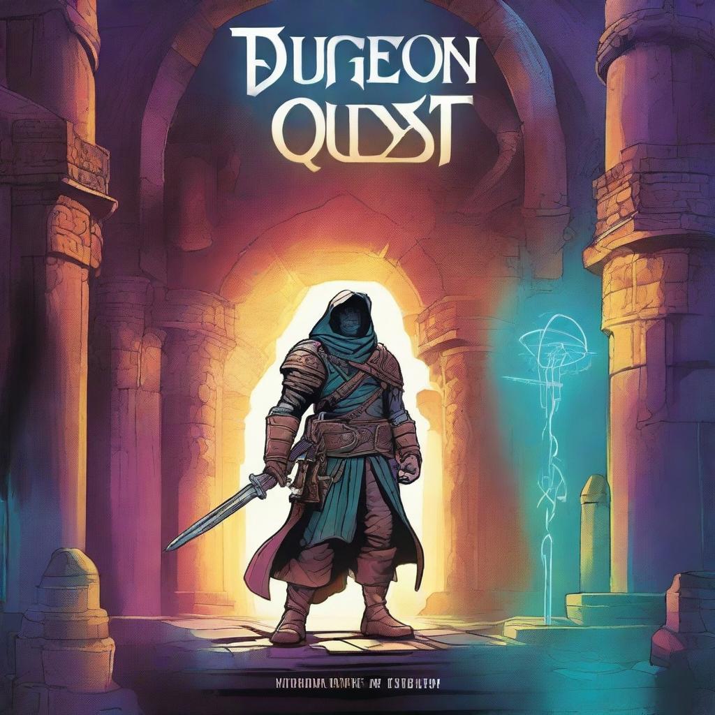 A book cover for 'Dungeon Quest' immerses the reader in a futuristic and mysterious setting