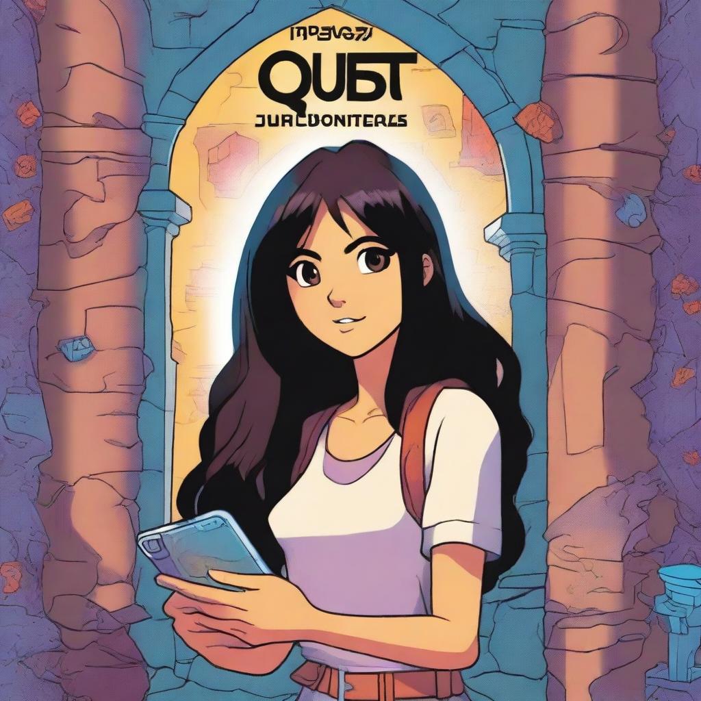 In the center of the cover of 'Dungeon Quest', a young adventurer stands out in front of an interdimensional portal