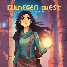 In the center of the cover of 'Dungeon Quest', a young adventurer stands out in front of an interdimensional portal