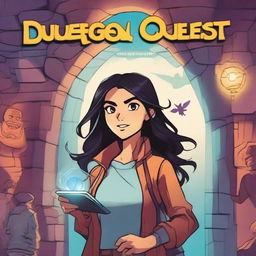 In the center of the cover of 'Dungeon Quest', a young adventurer stands out in front of an interdimensional portal