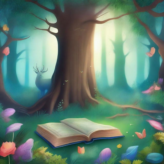 Create a captivating book cover featuring an enchanted forest with mystical creatures