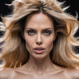 A unique, creative portrayal of actress Angelina Jolie in a Super Saiyan form similar to Goku's from Dragon Ball Z, with radiant blonde hair, electric aura and a determined expression.