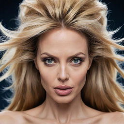 A unique, creative portrayal of actress Angelina Jolie in a Super Saiyan form similar to Goku's from Dragon Ball Z, with radiant blonde hair, electric aura and a determined expression.