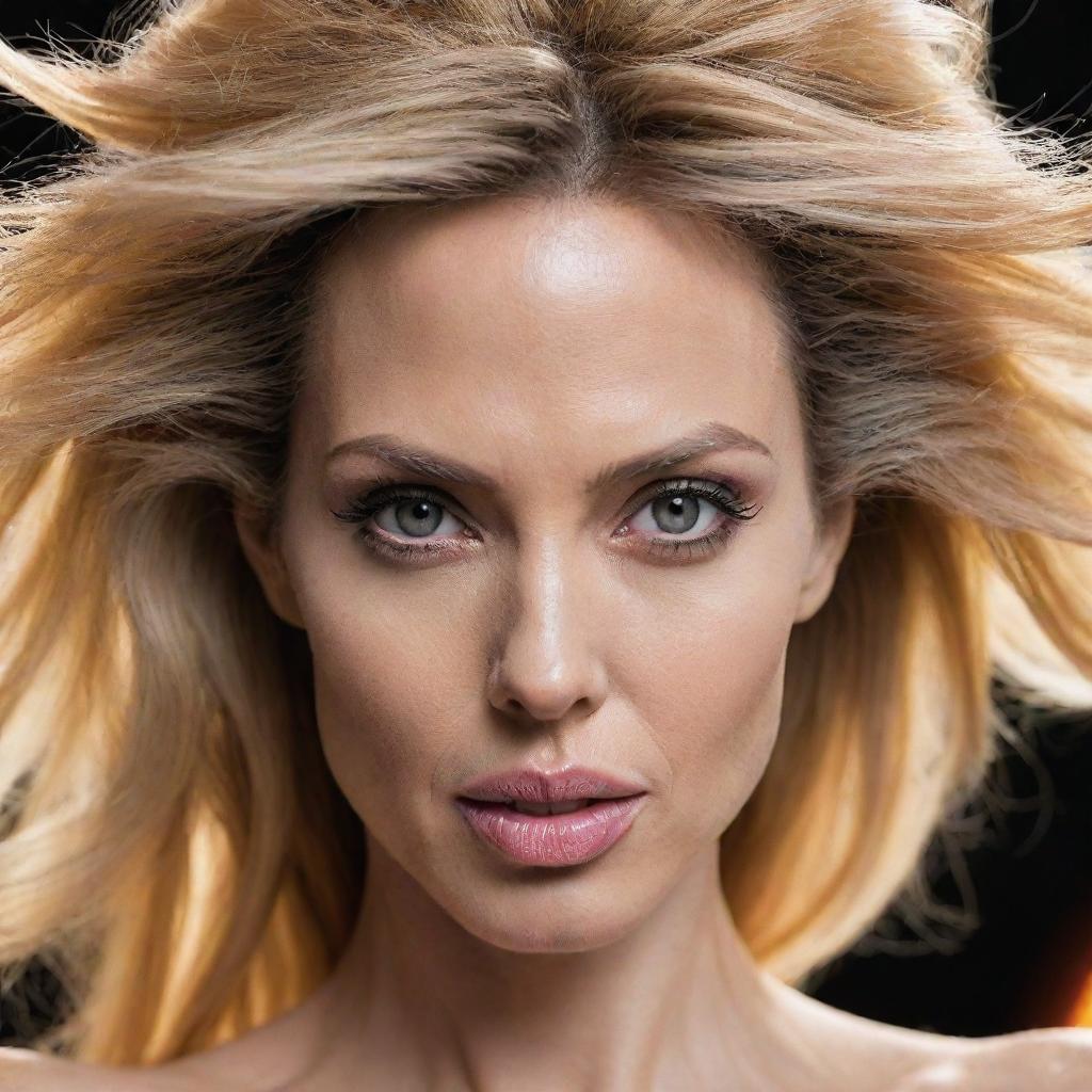 A unique, creative portrayal of actress Angelina Jolie in a Super Saiyan form similar to Goku's from Dragon Ball Z, with radiant blonde hair, electric aura and a determined expression.