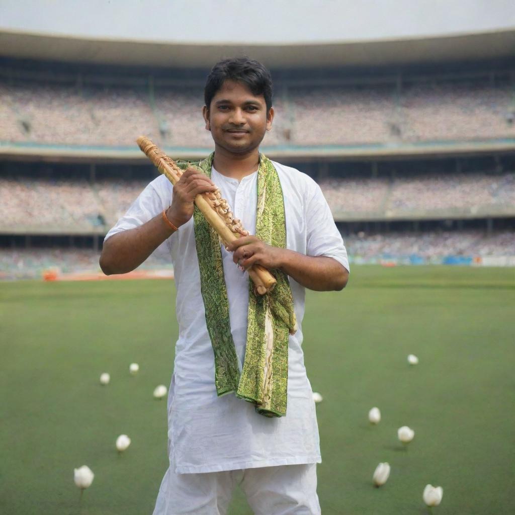 Amplify the cultural portrayal of the Bangladeshi man. Make him carry a flute, intensify the traditional designs on his attire, add the national flower White Water Lily beside him and show the Sher-e-Bangla National Cricket Stadium in the far background.