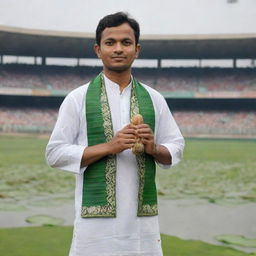 Amplify the cultural portrayal of the Bangladeshi man. Make him carry a flute, intensify the traditional designs on his attire, add the national flower White Water Lily beside him and show the Sher-e-Bangla National Cricket Stadium in the far background.