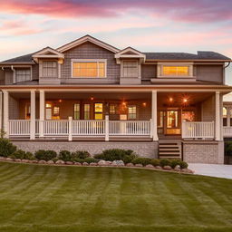 Beautiful suburban house bathed in the warm glow of the setting sun, with perfectly manicured front lawn and a cozy front porch.